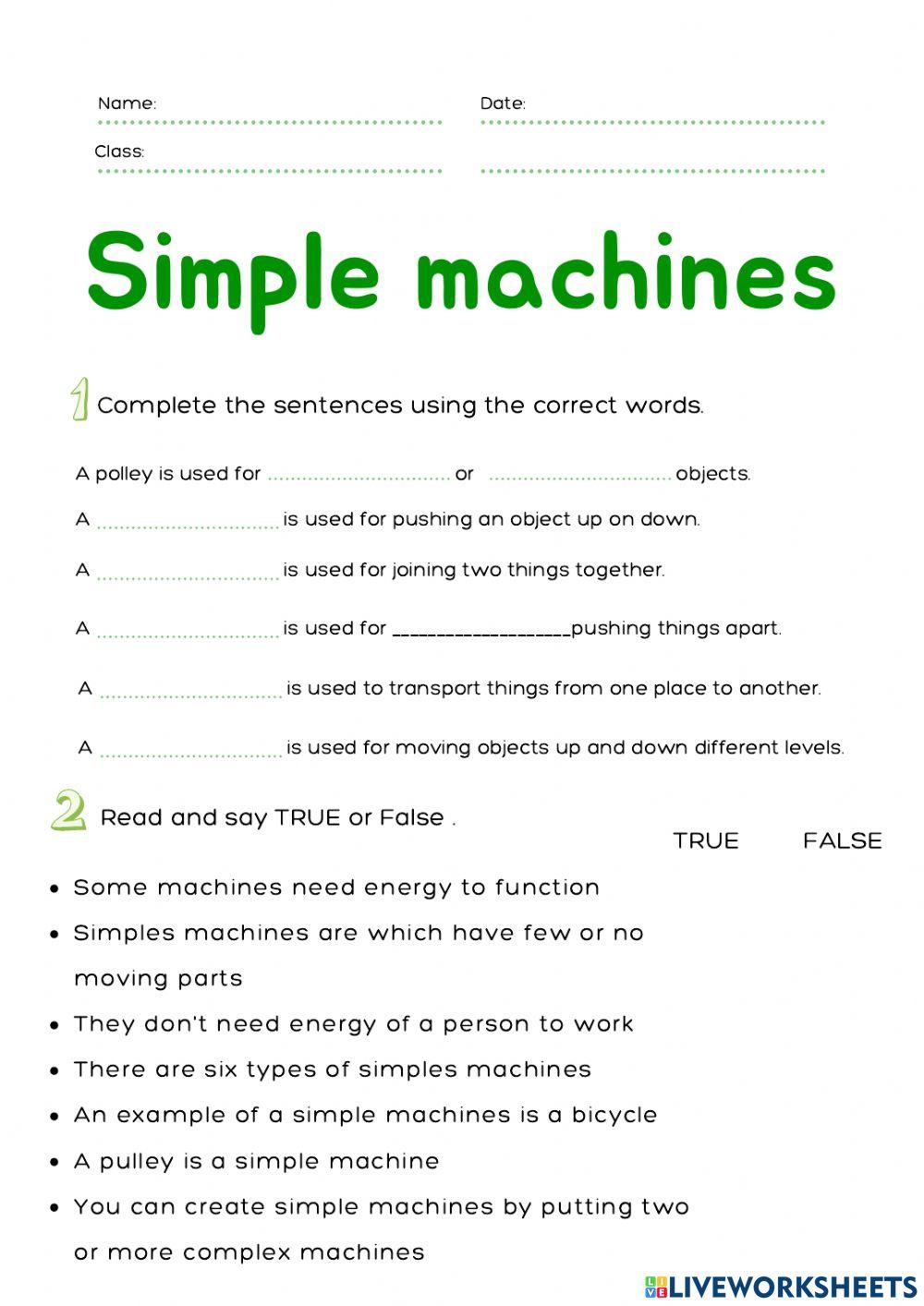 Simple machines worksheet