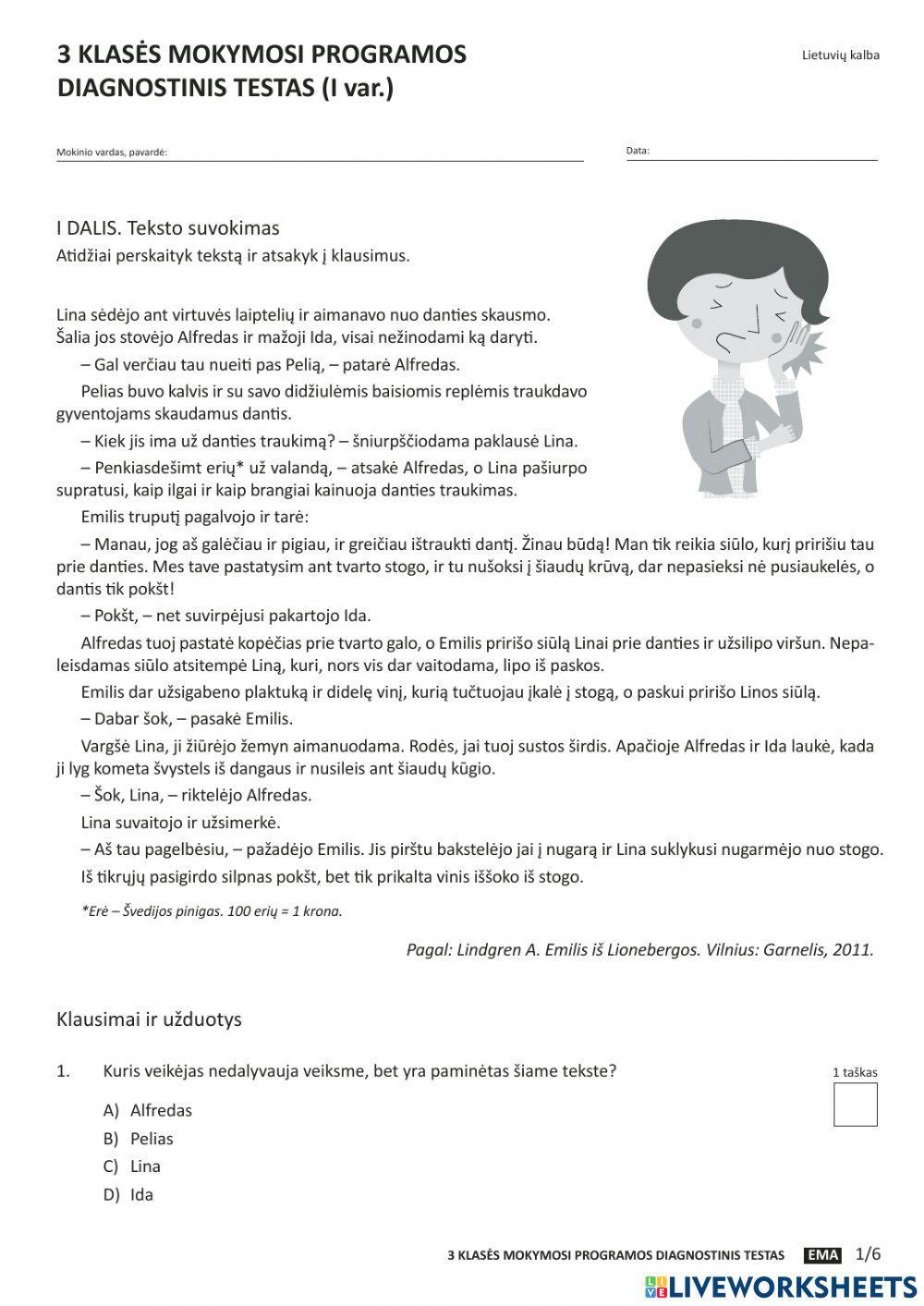 Ema diagnostinis lietuvių testas 3 klasė