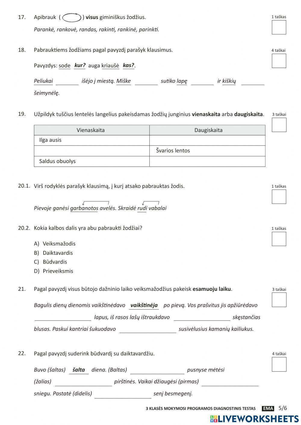 Ema diagnostinis lietuvių testas 3 klasė