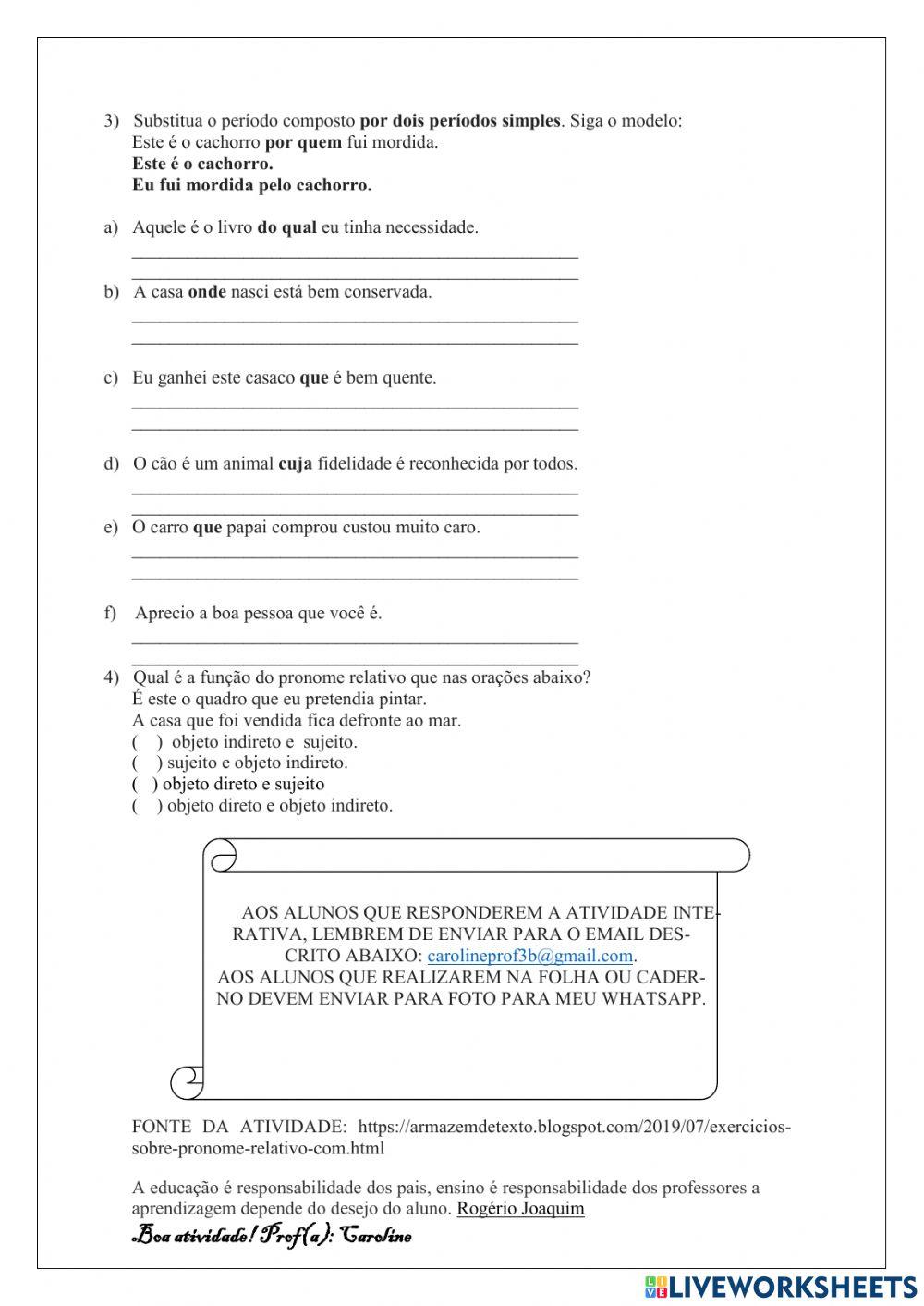 Pronomes Relativos interactive worksheet | Live Worksheets