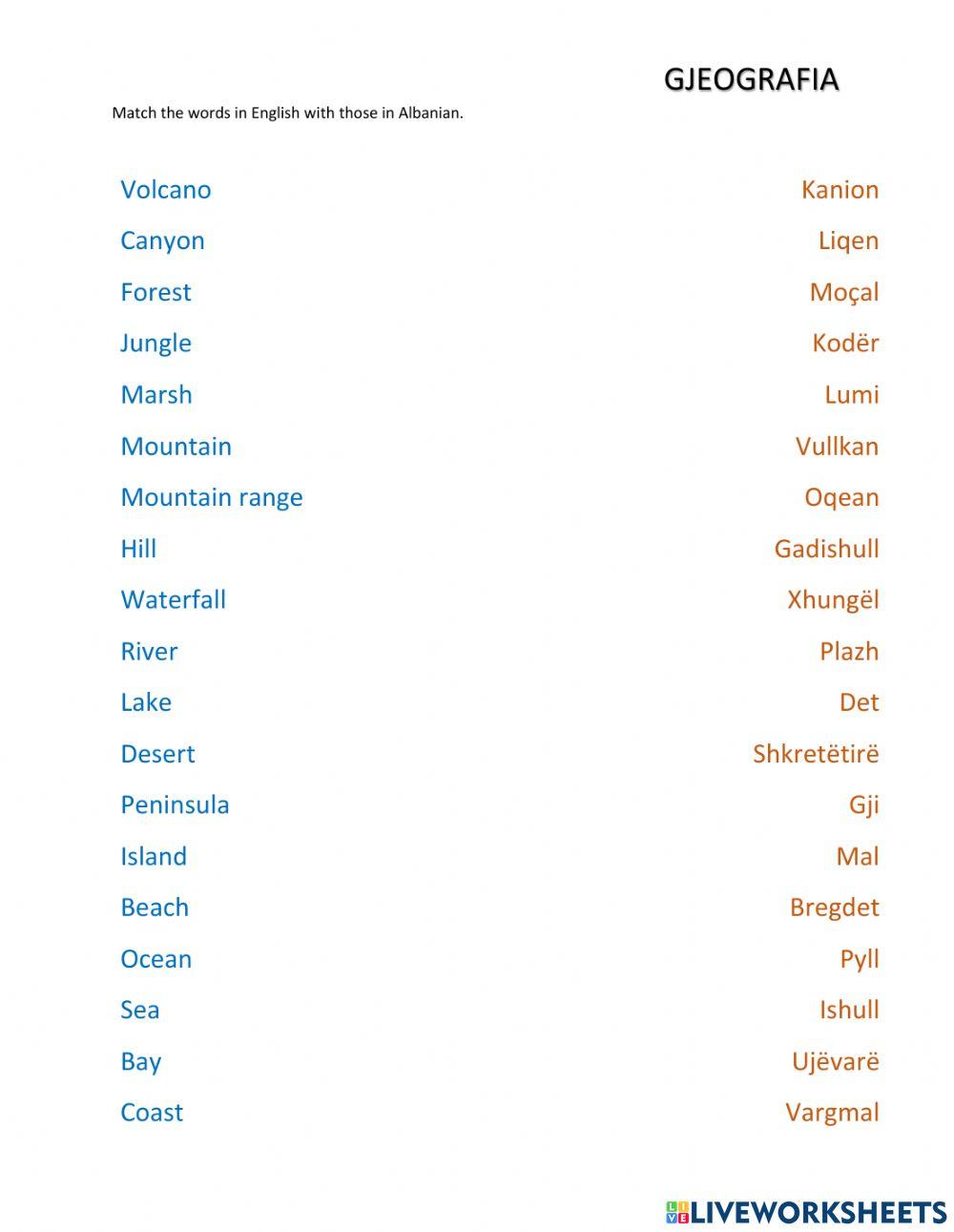 Gjeografia Matching (EnglishAlbanian) worksheet Live Worksheets