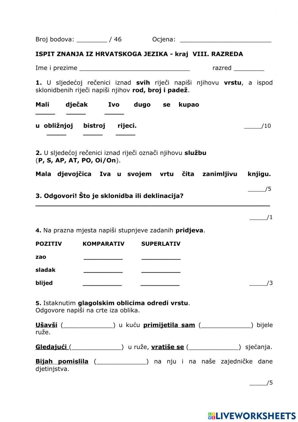 Zavrsni ispit znanja iz jezika - 8. razred