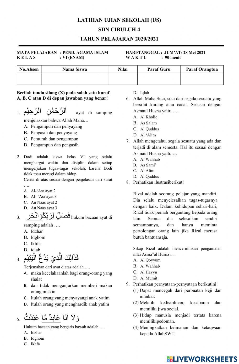Soal Latihan Ujian Sekolah Pendidikan Agama Islam