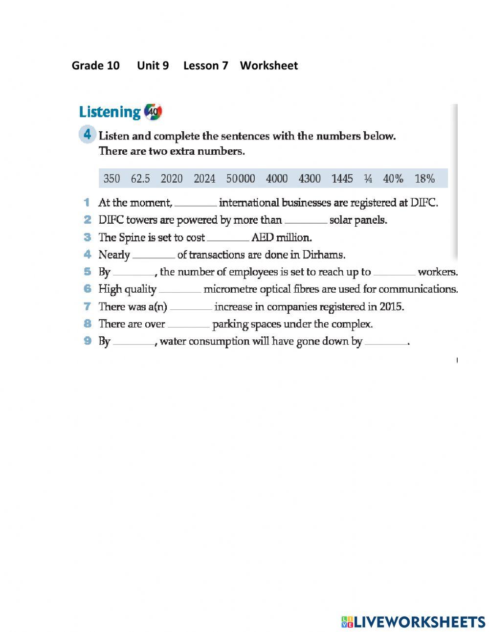 Unit 9 lesson 7 interactive worksheet live worksheets