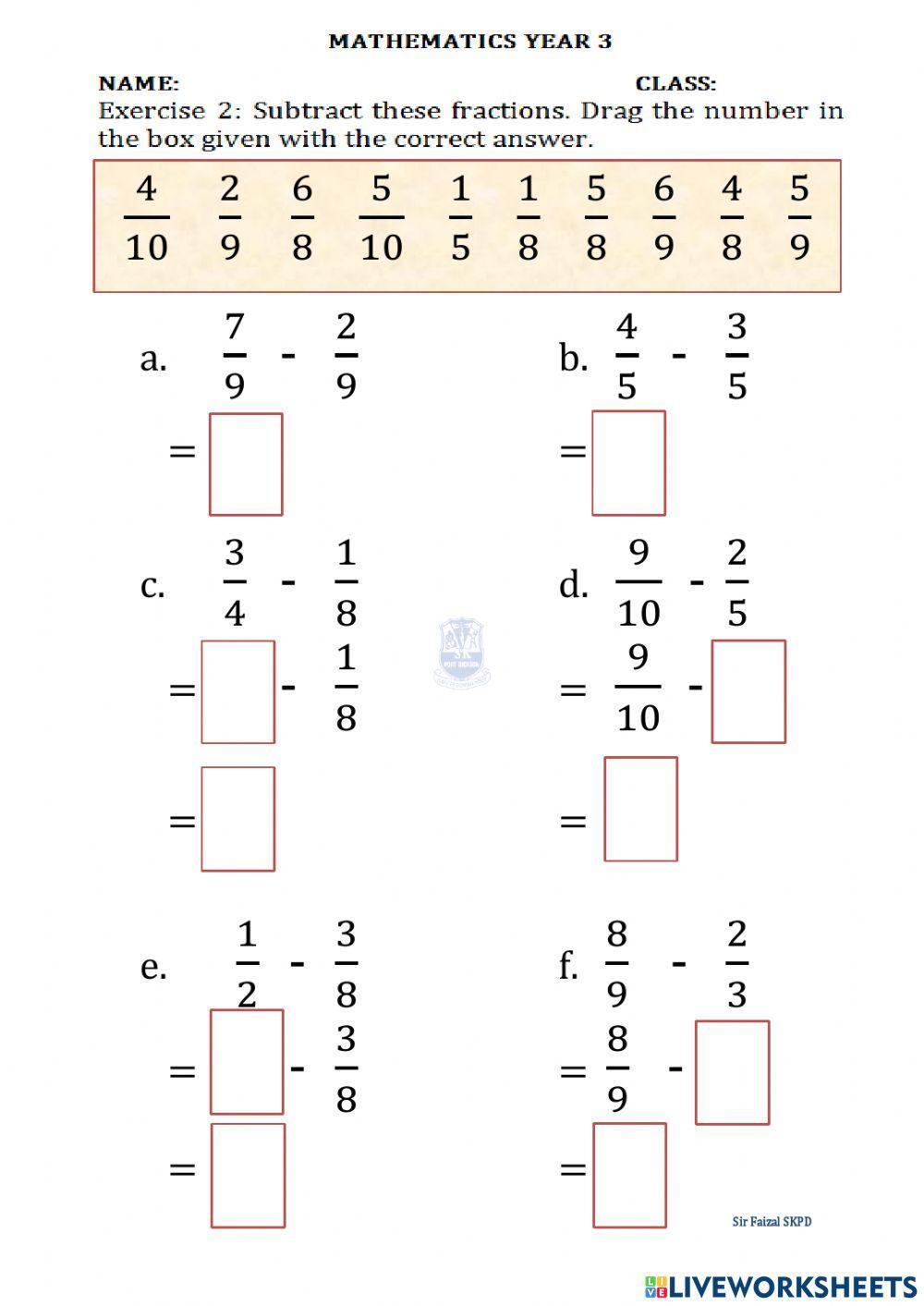 Subtract Fraction Year 3