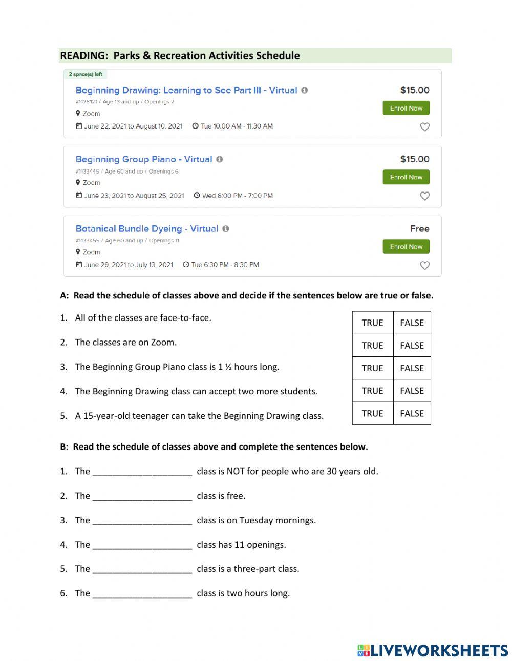 Reading: Community Center Schedule of Classes