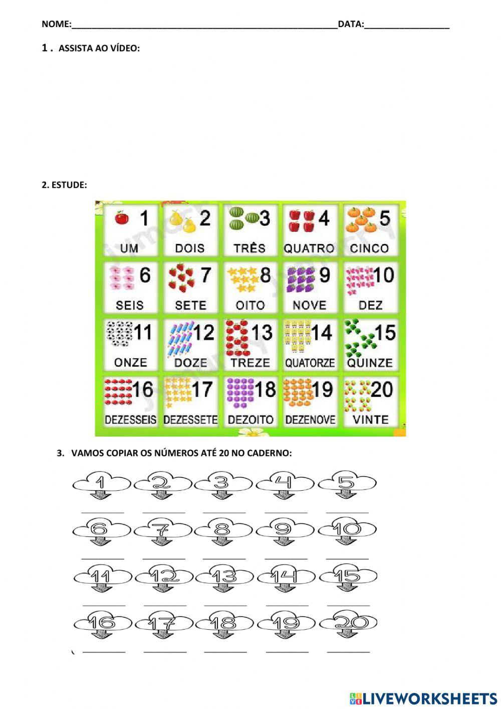 Atividades de matemática com numeros até 20  (quantidade e por extenso)