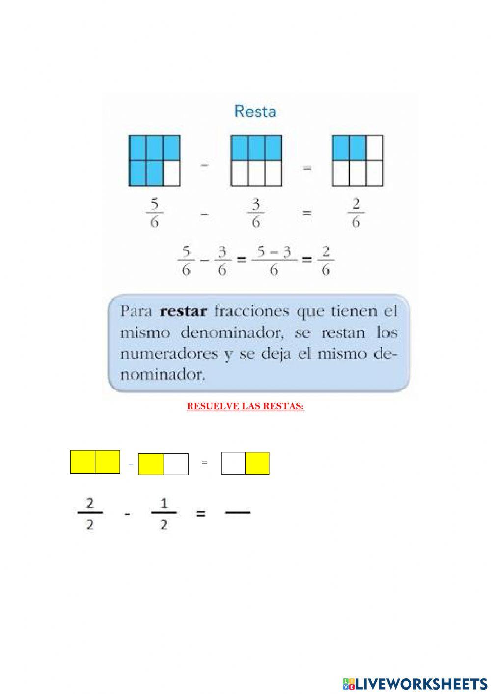 RESTAS DE FRACCIONES DE IGUAL DENOMINADOR