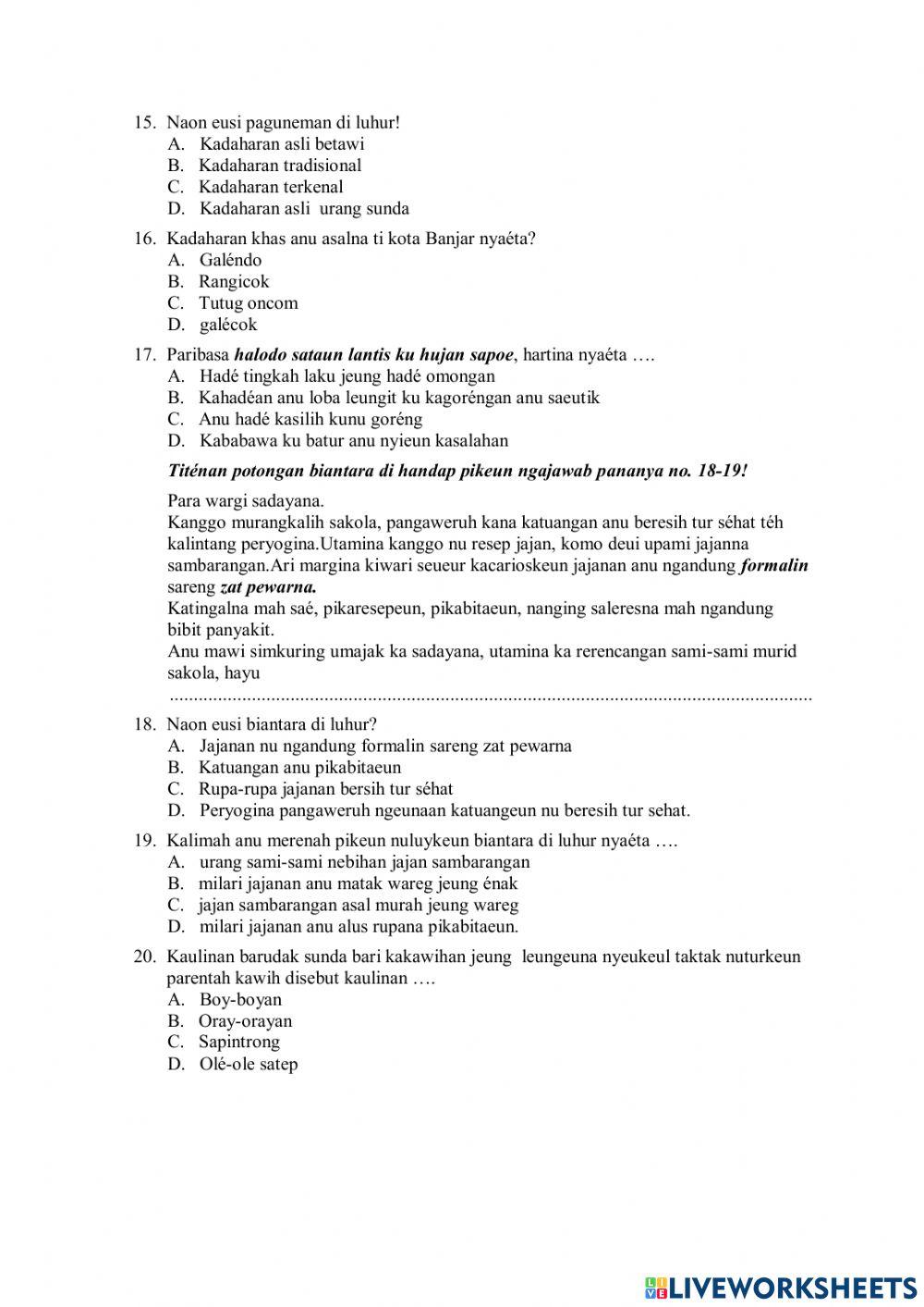 Soal Latihan Ujian Sekolah Bahasa Sunda