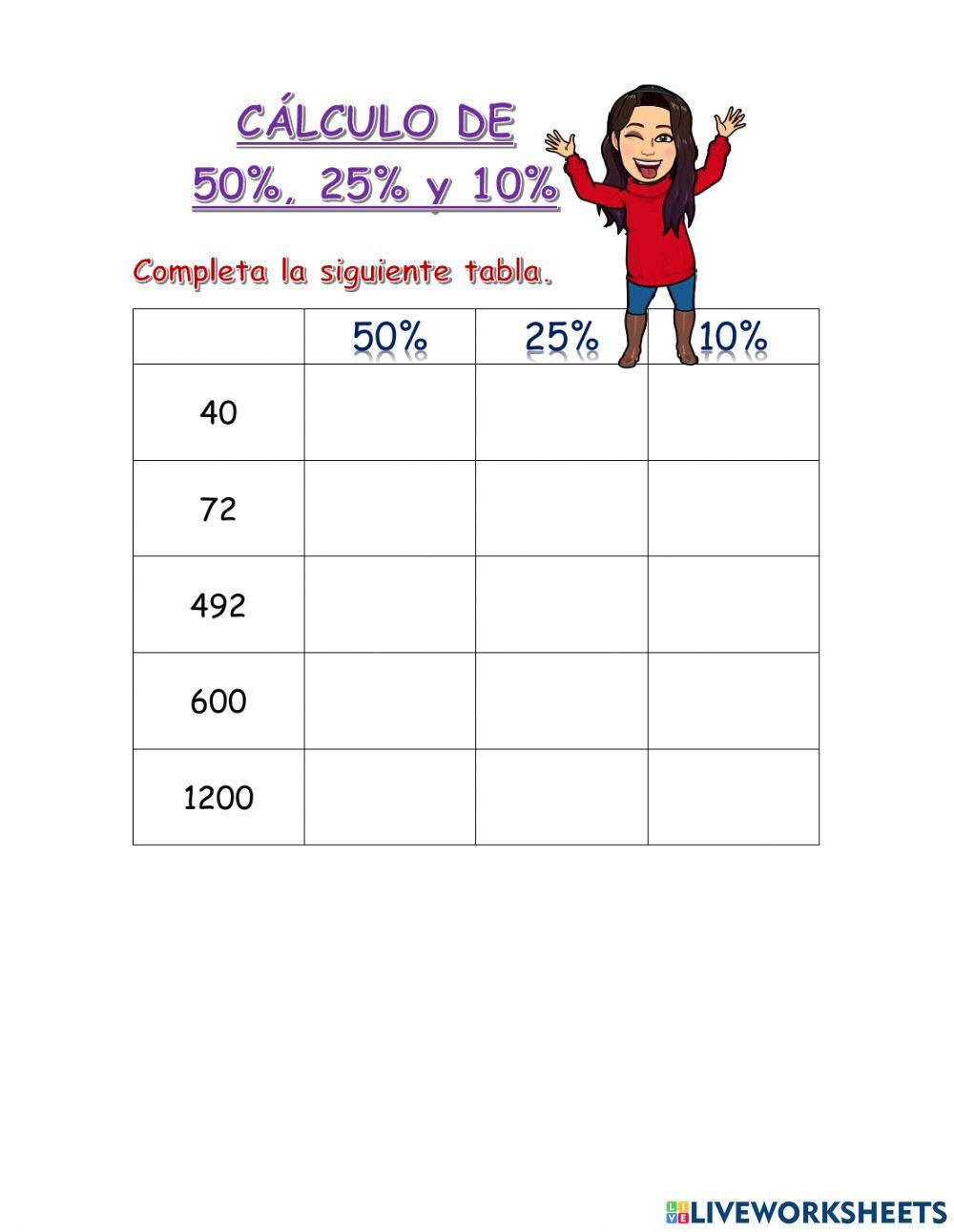 Porcentajes de 10,25 y 50