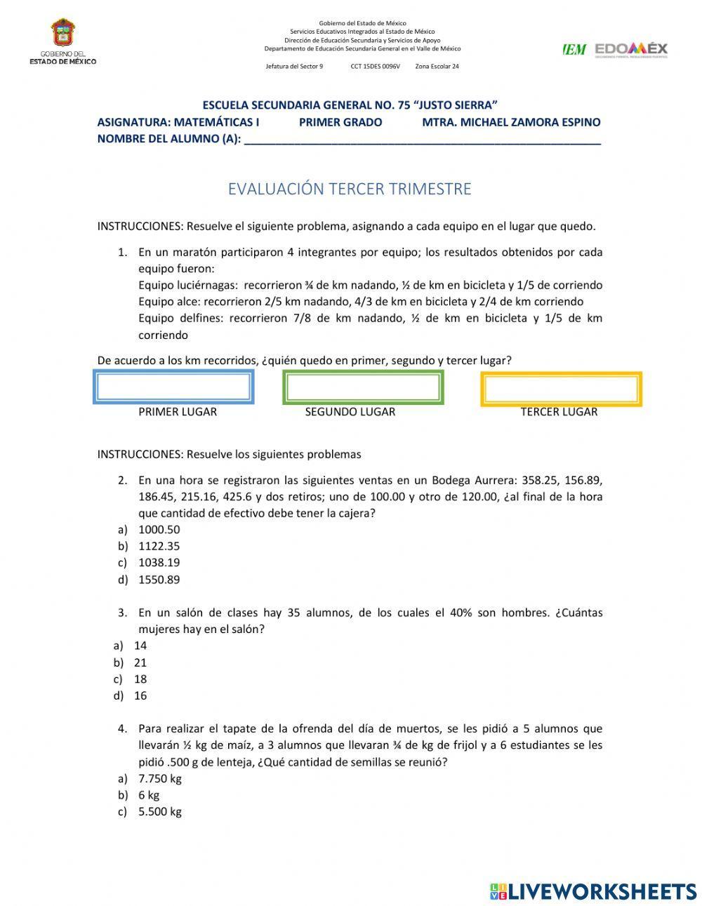 Examen. Matemáticas. Primer grado ESO