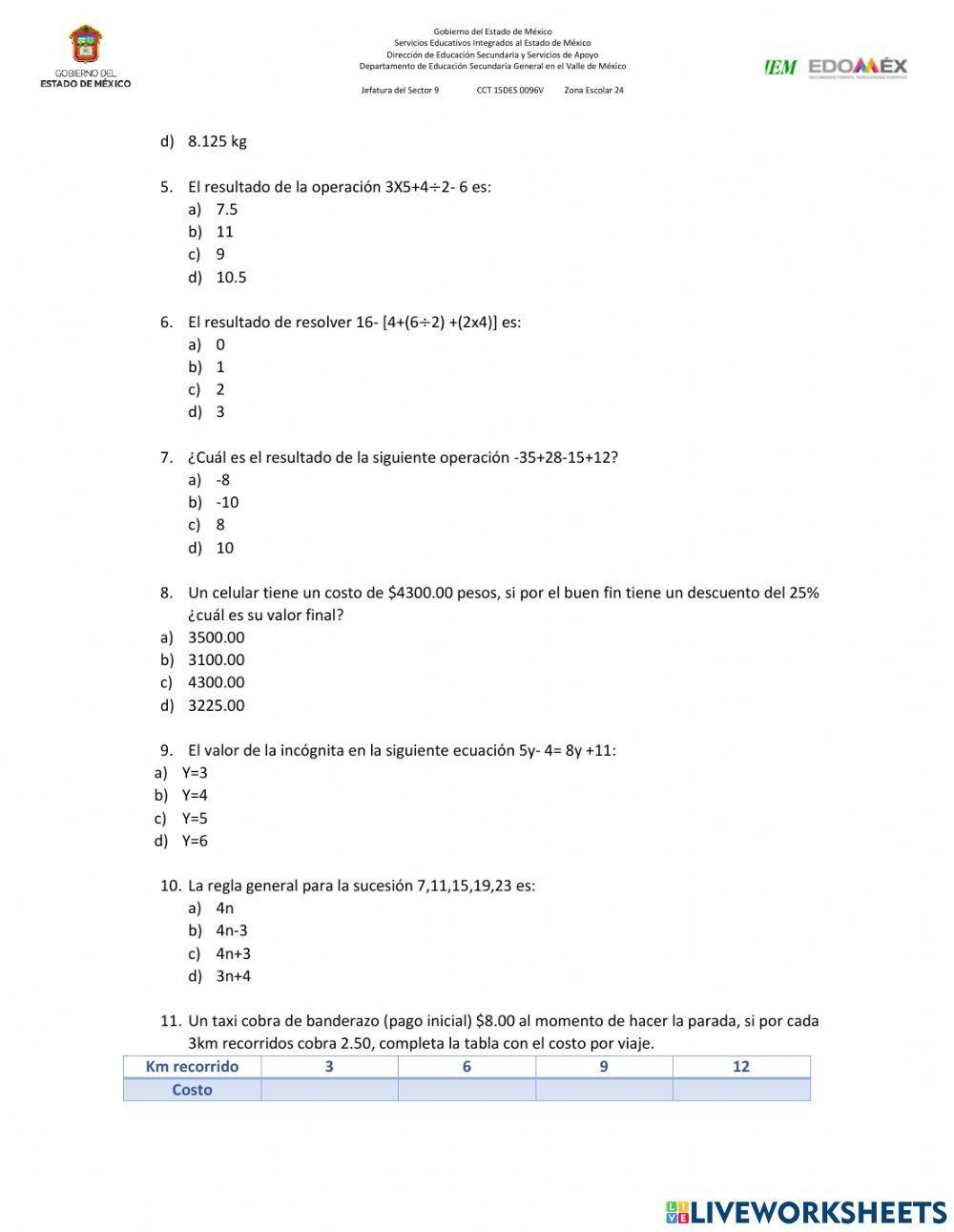 Examen. Matemáticas. Primer grado ESO