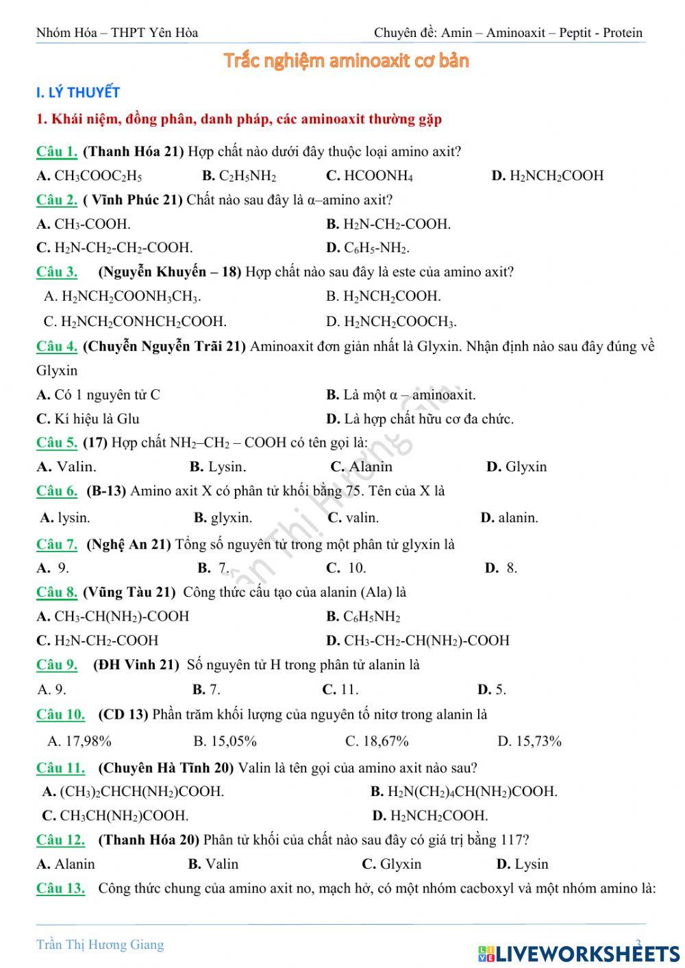Trắc nghiệm aminoaxit cơ bản