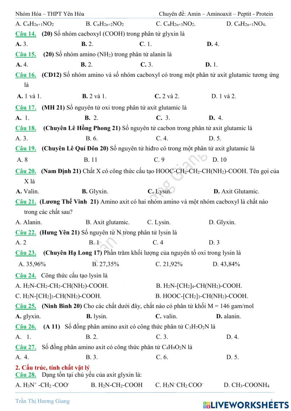 Trắc nghiệm aminoaxit cơ bản