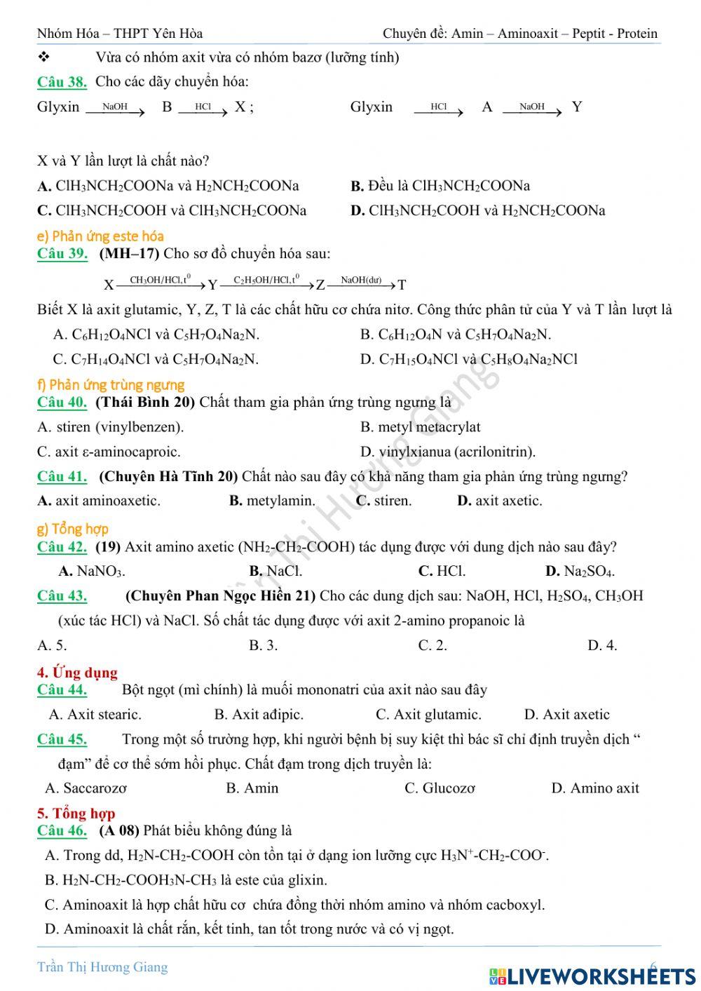 Trắc nghiệm aminoaxit cơ bản