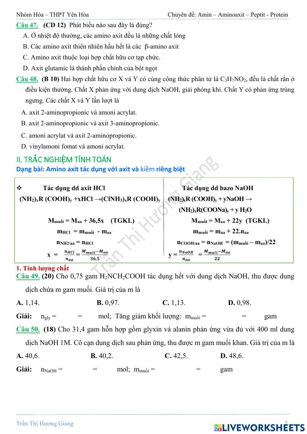 Trắc nghiệm aminoaxit cơ bản