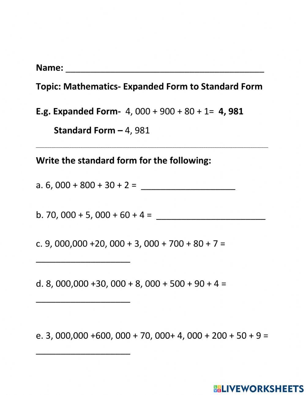 Place Value- Expanded to Standard Form