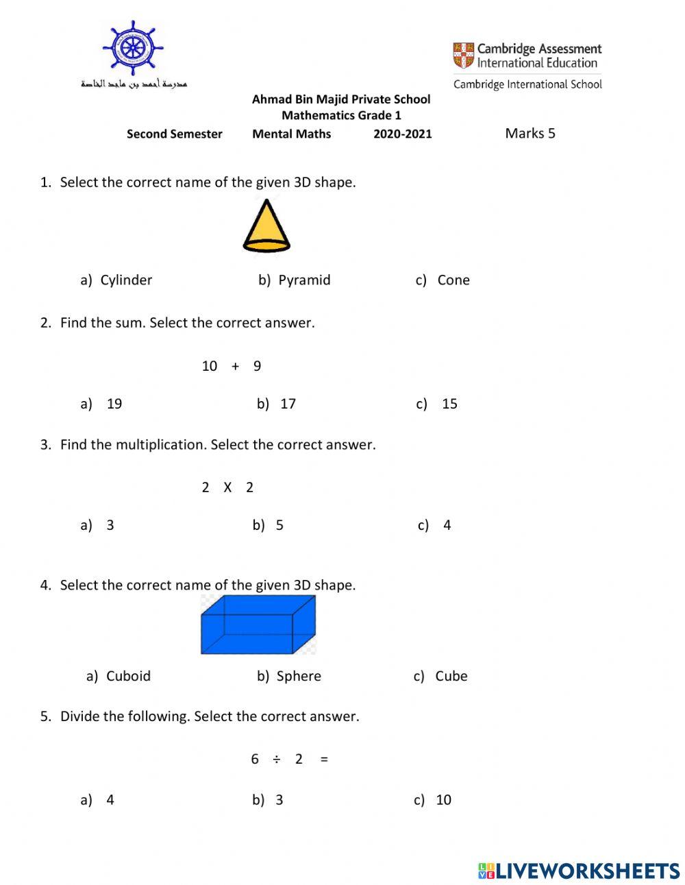 Mental Maths Grade 1 | LiveWorksheets | 1038661
