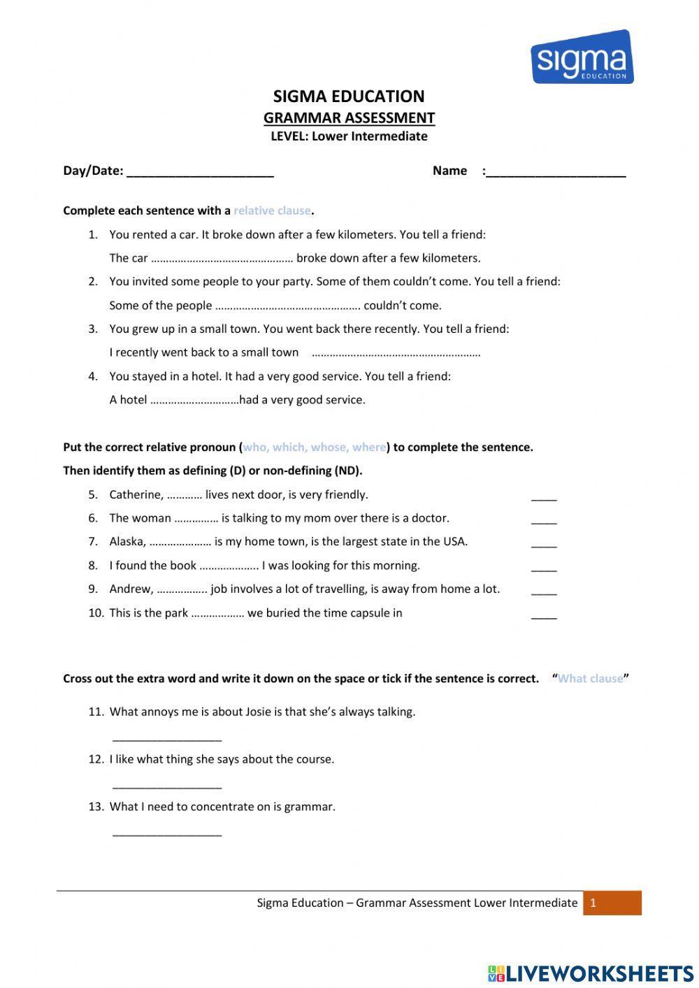J2 Lower Int - Grammar Assessment