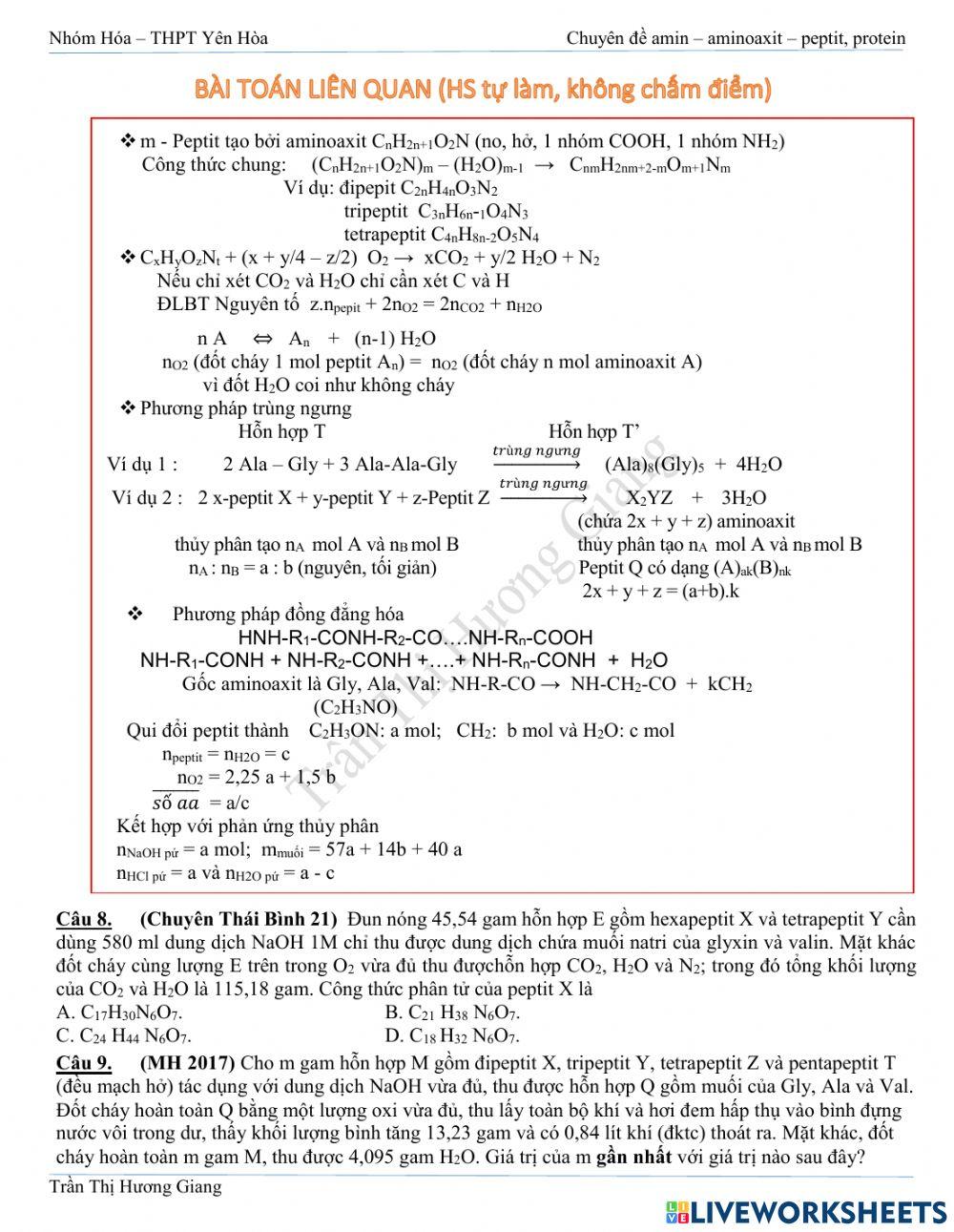 Trắc nghiệm bài toán peptit cơ bản