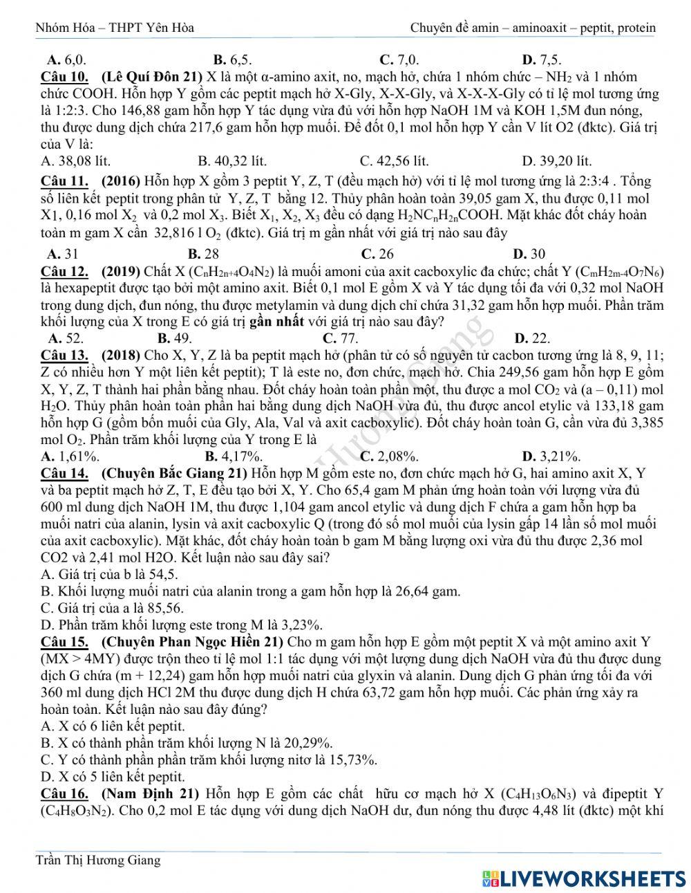 Trắc nghiệm bài toán peptit cơ bản