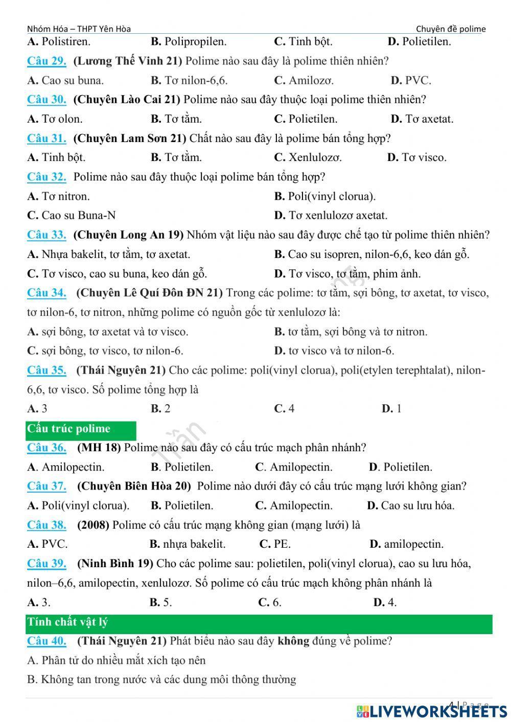 Trắc nghiệm polime