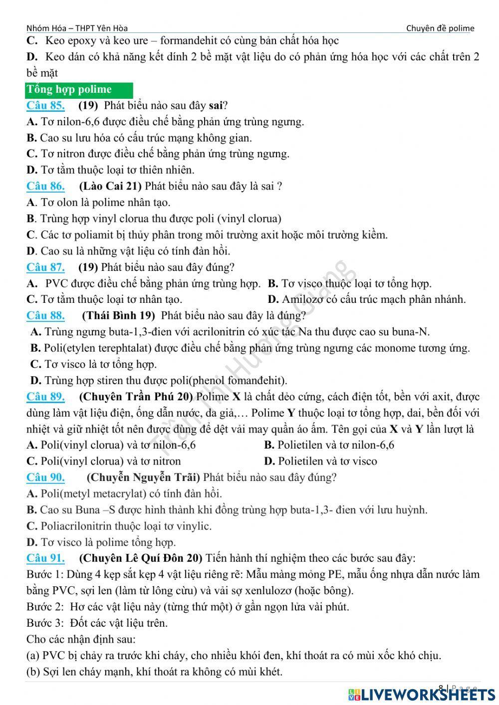 Trắc nghiệm polime