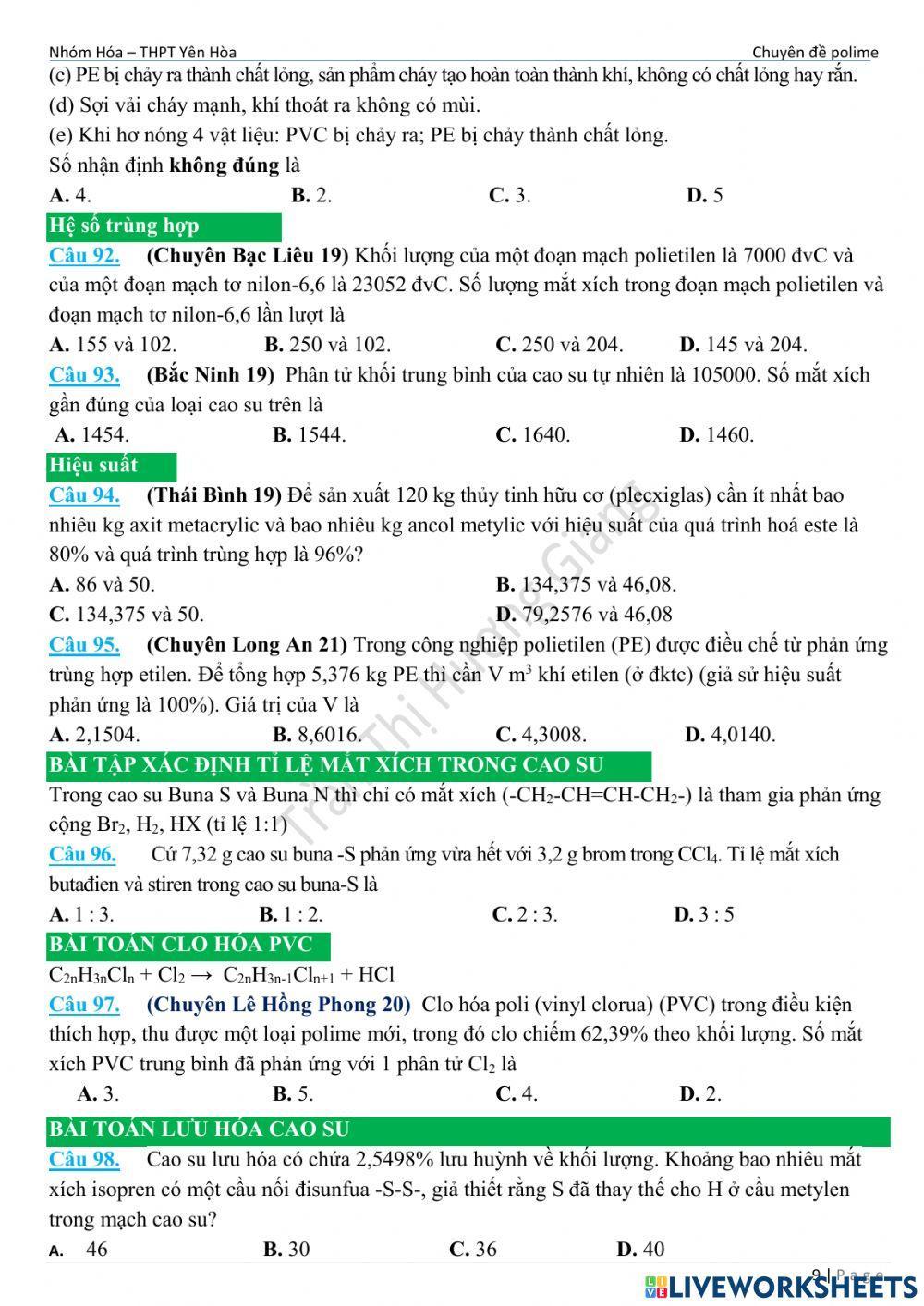 Trắc nghiệm polime
