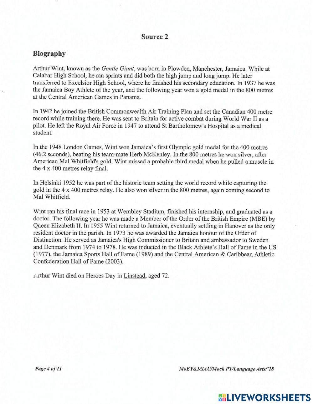 Language Arts Performance Task - Year 5 - 2018