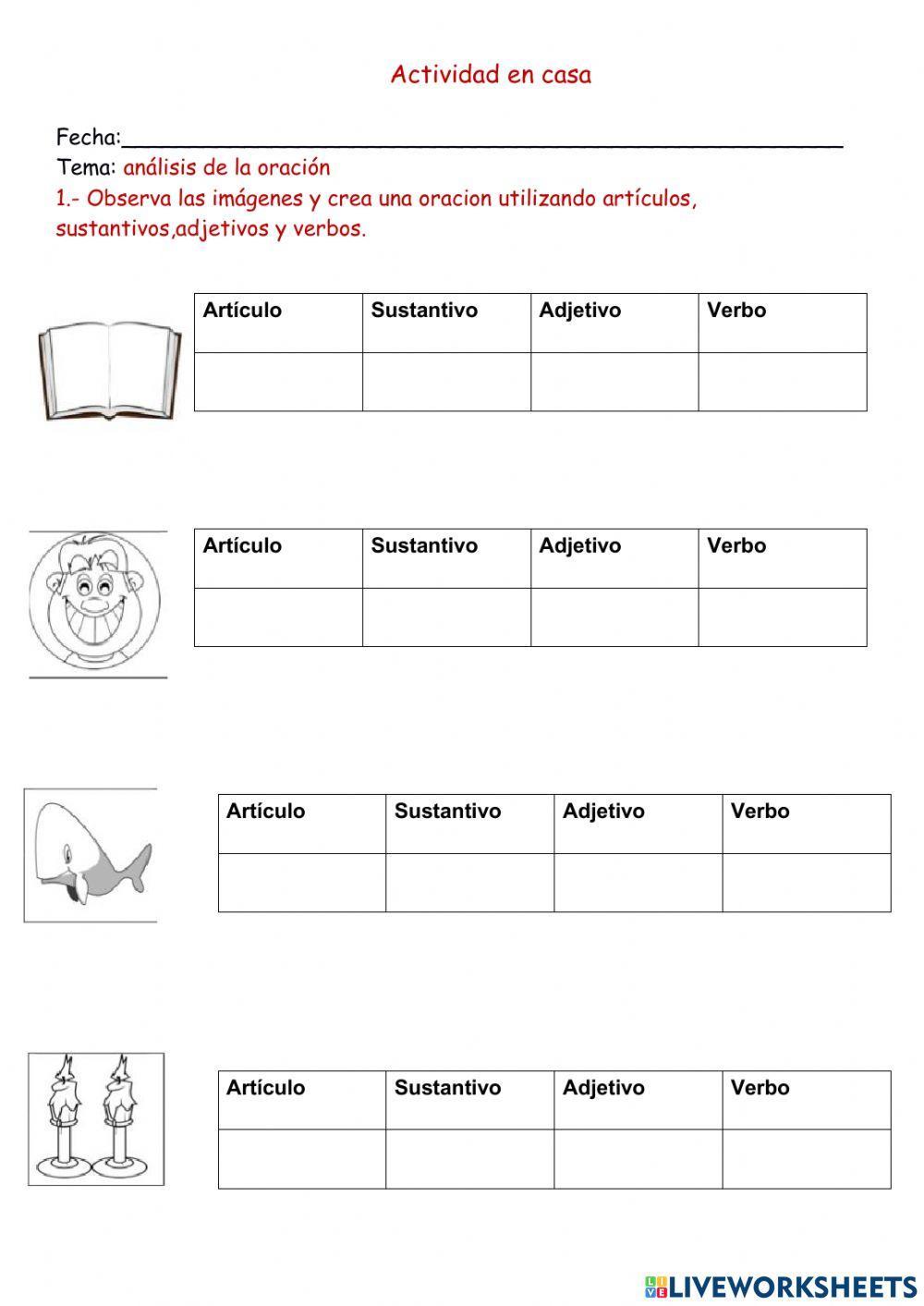 Análisis de la oración, artículo, sustantivo, adjetivo y verbo