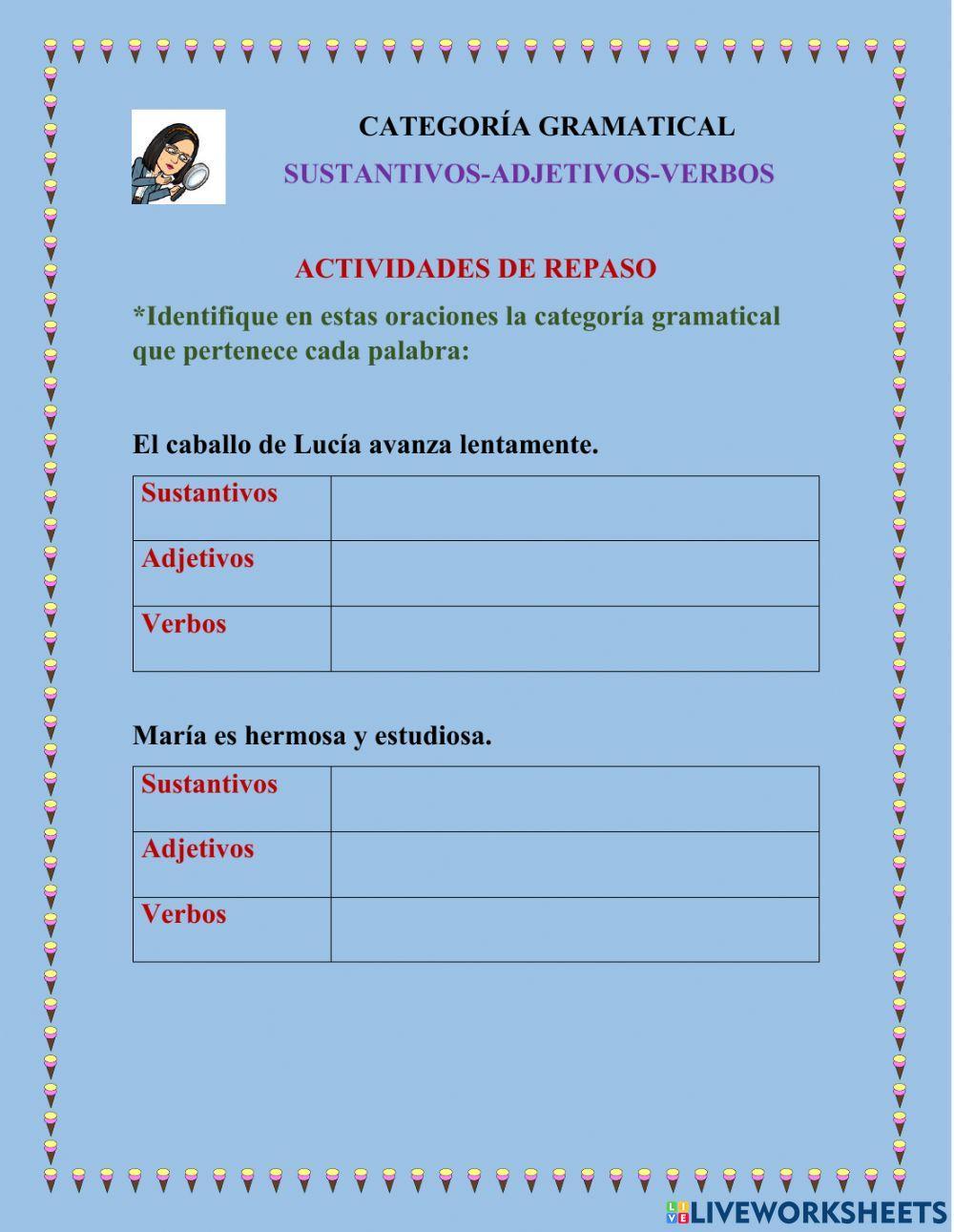 Categoría Gramatical-Sustantivos-Adjetivos-Verbos Categoría Gramatical-Sustantivos-Adjetivos-Verbos