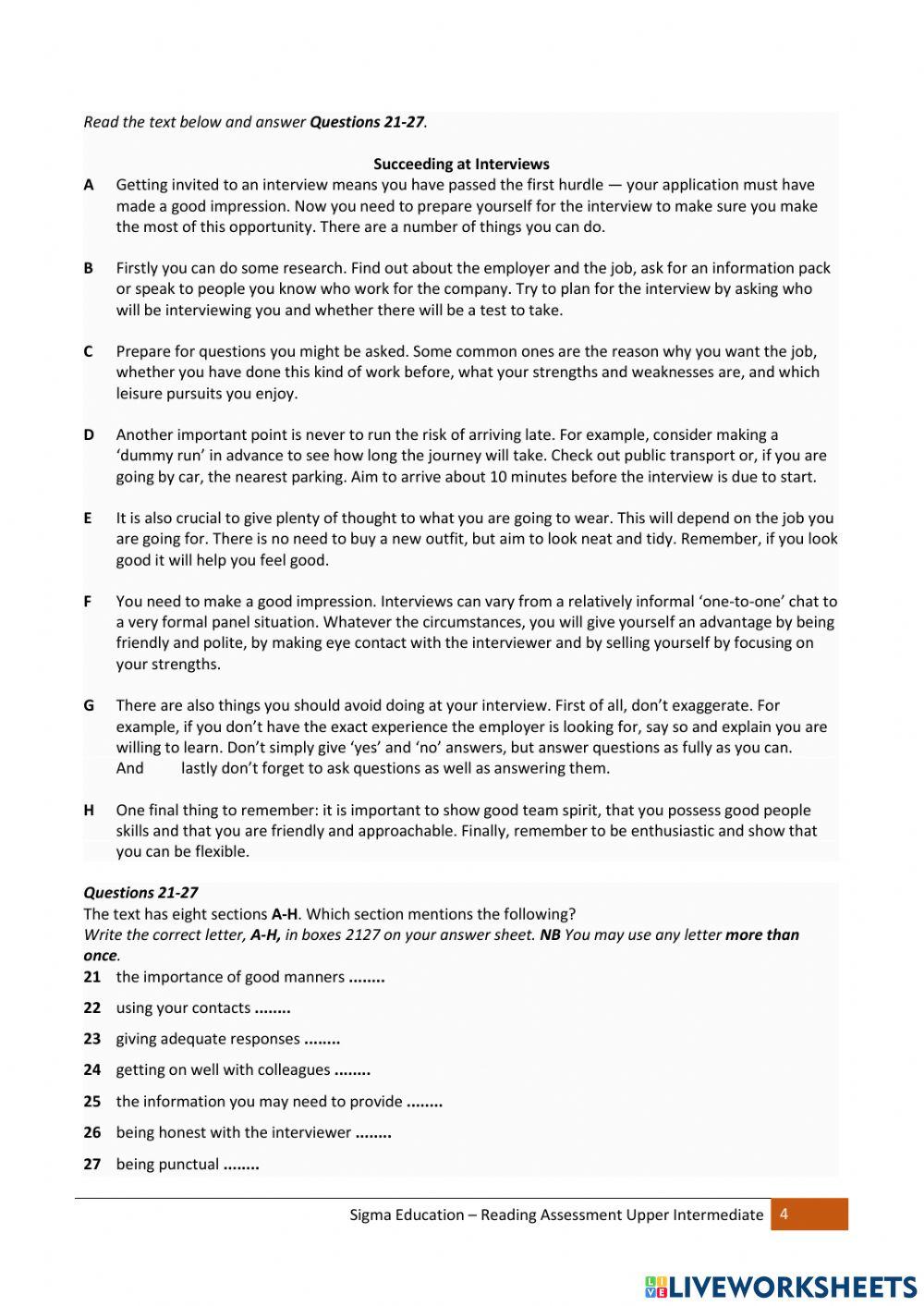 S1 Upper Intermediate Reading Assessment