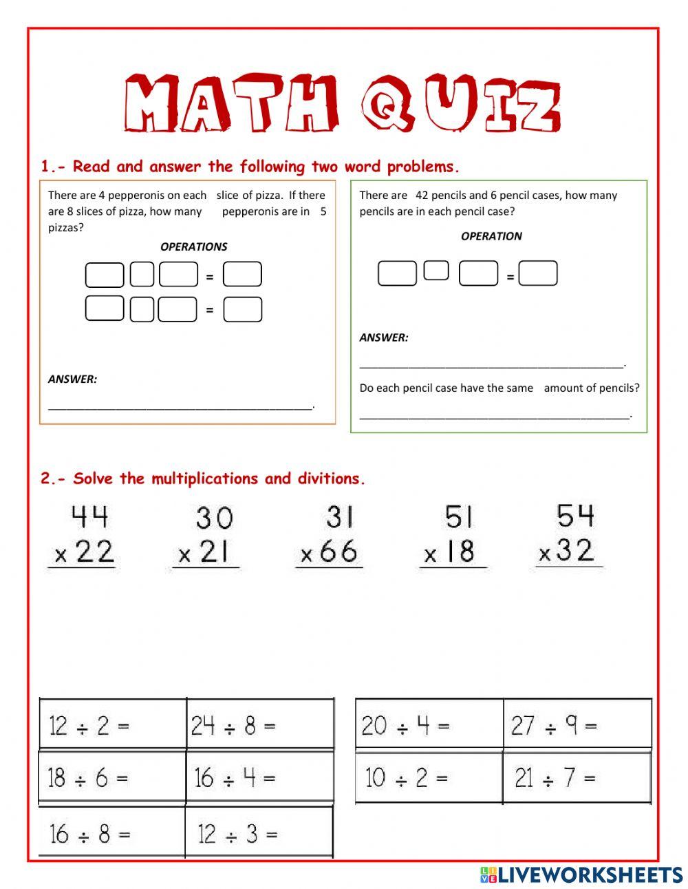 Math quiz online pdf exercise for ELEMENTARY | Live Worksheets