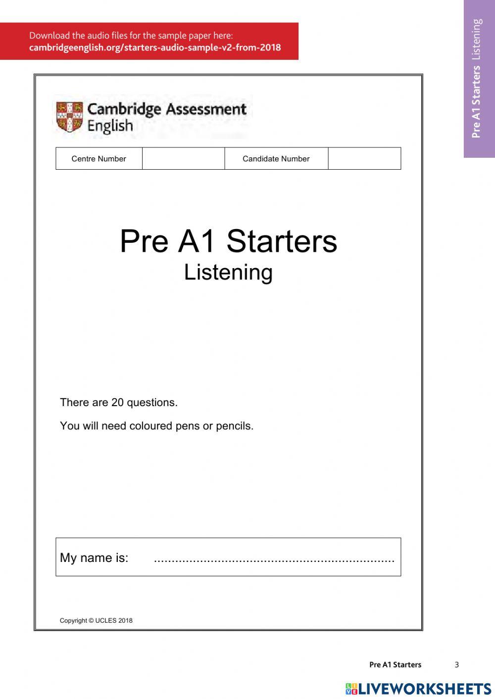 4th Grade Cambridge Starters Test 1