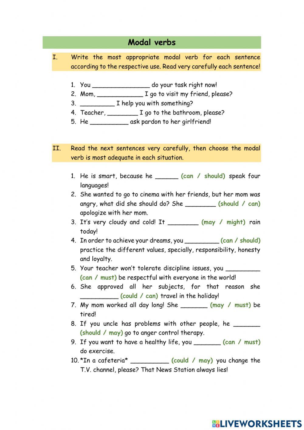 Modals Od Permission Obligation And Prohibition Worksheet