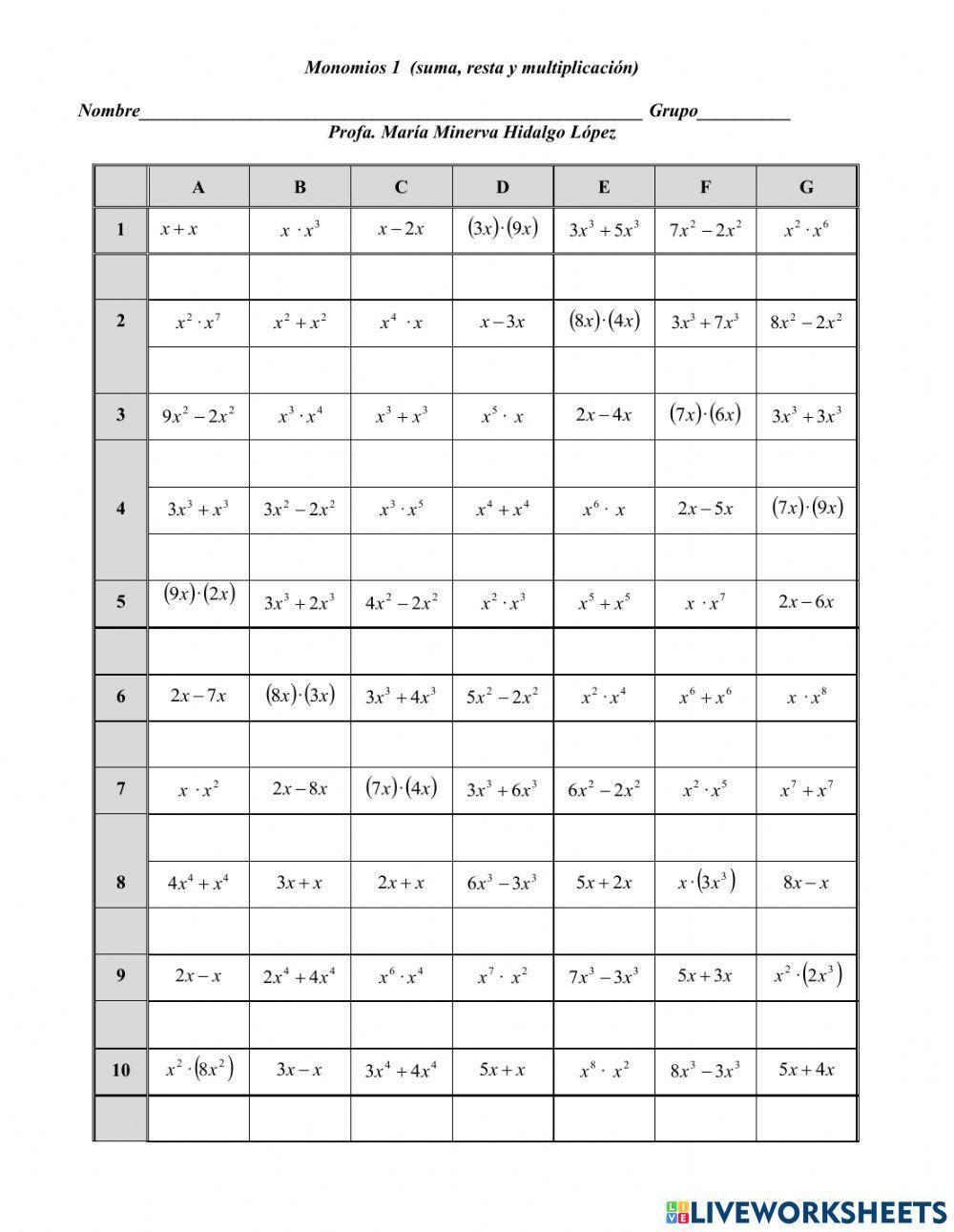 Operaciones con monomios