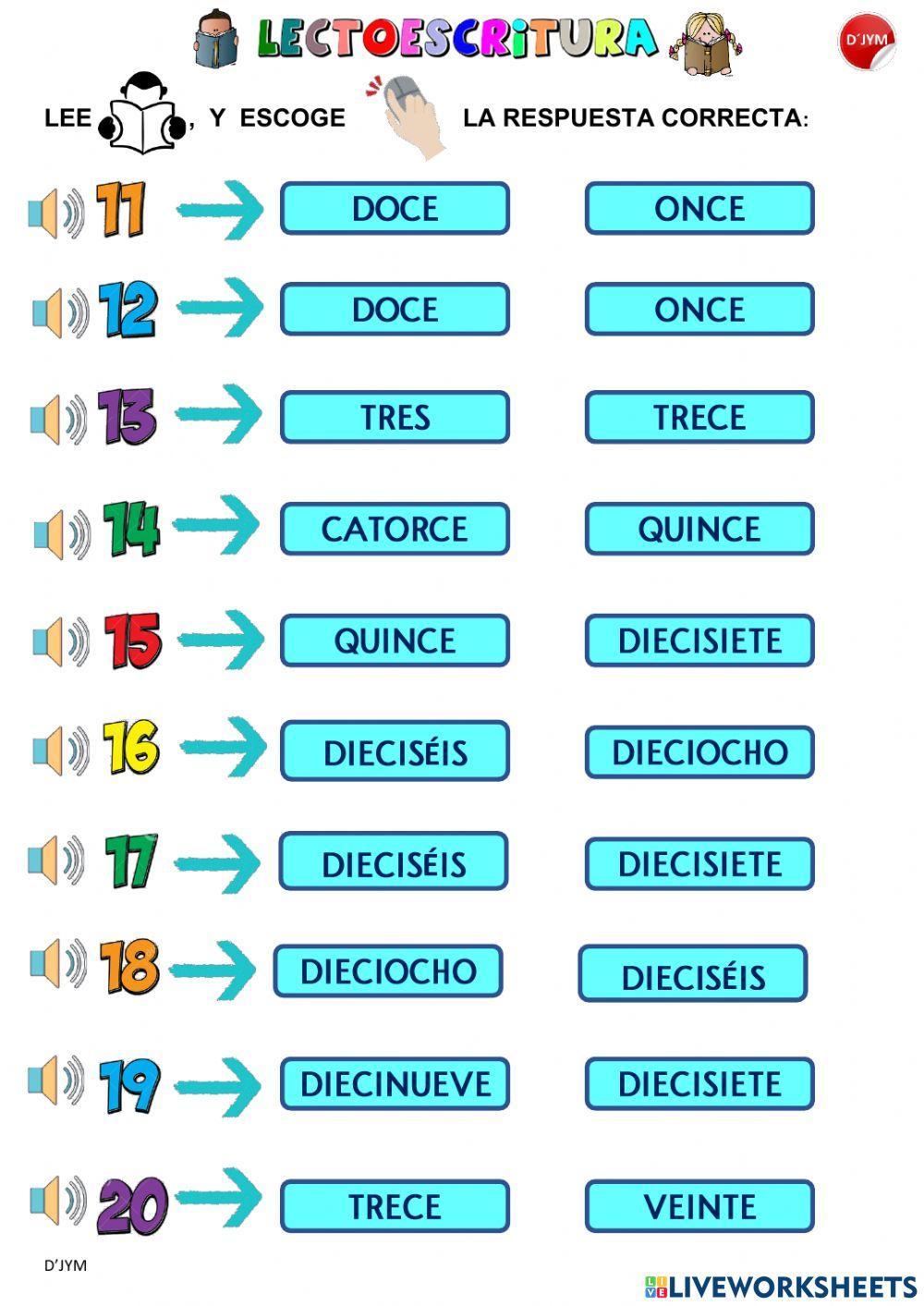 Lectura de los números del 11 al 20