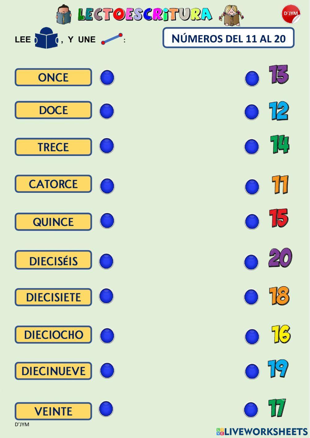 Lectura de los números 11 - 20
