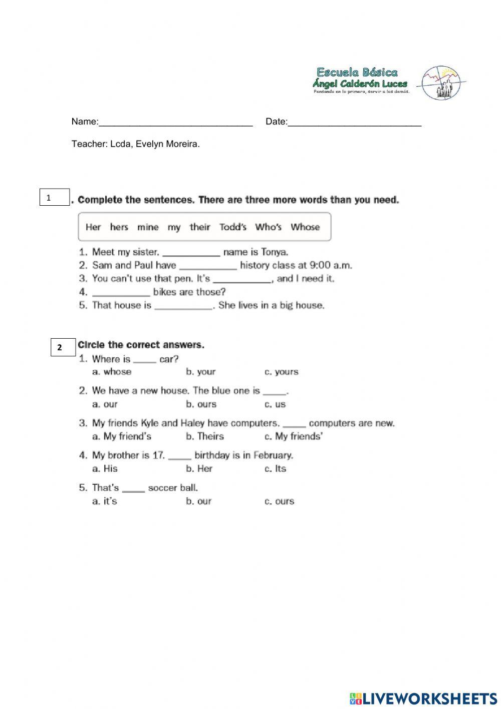 Possessive  and ajectives prouns review