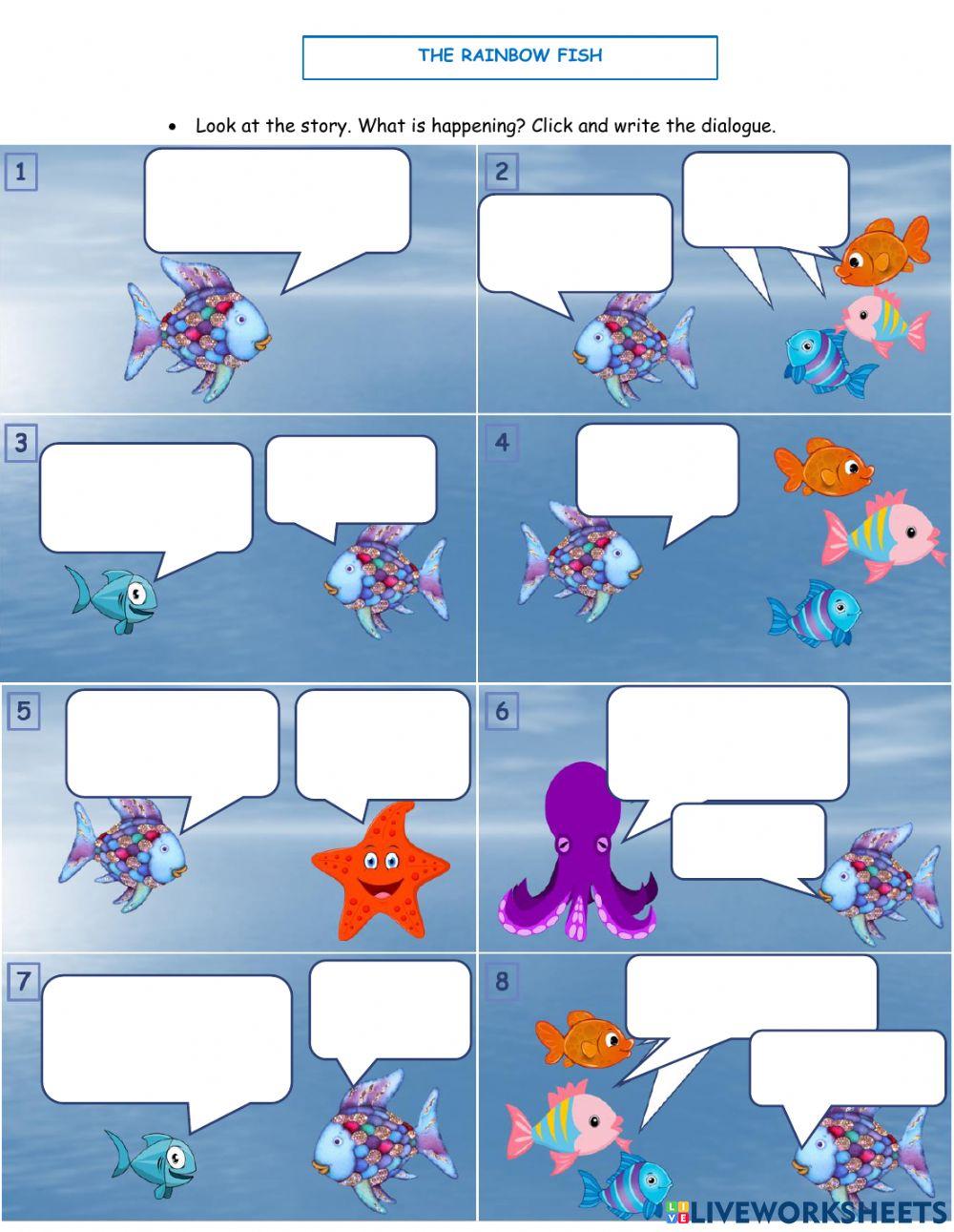 The Rainbow Fish: Fill in the speech bubbles.