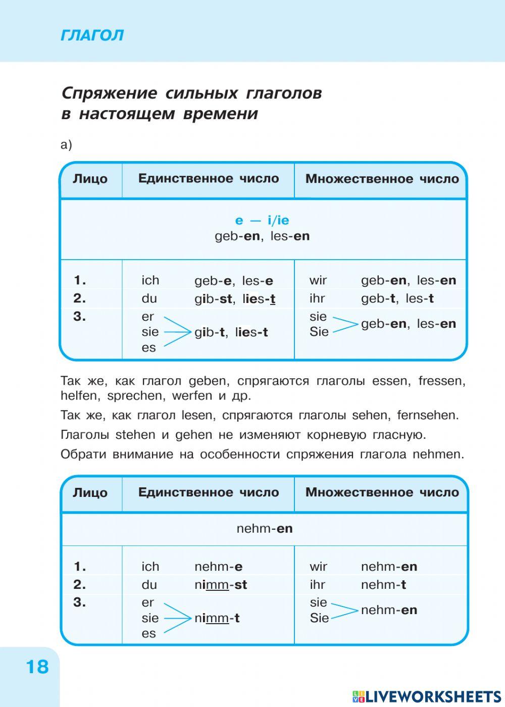 Спряжение сильных глаголов worksheet | Live Worksheets
