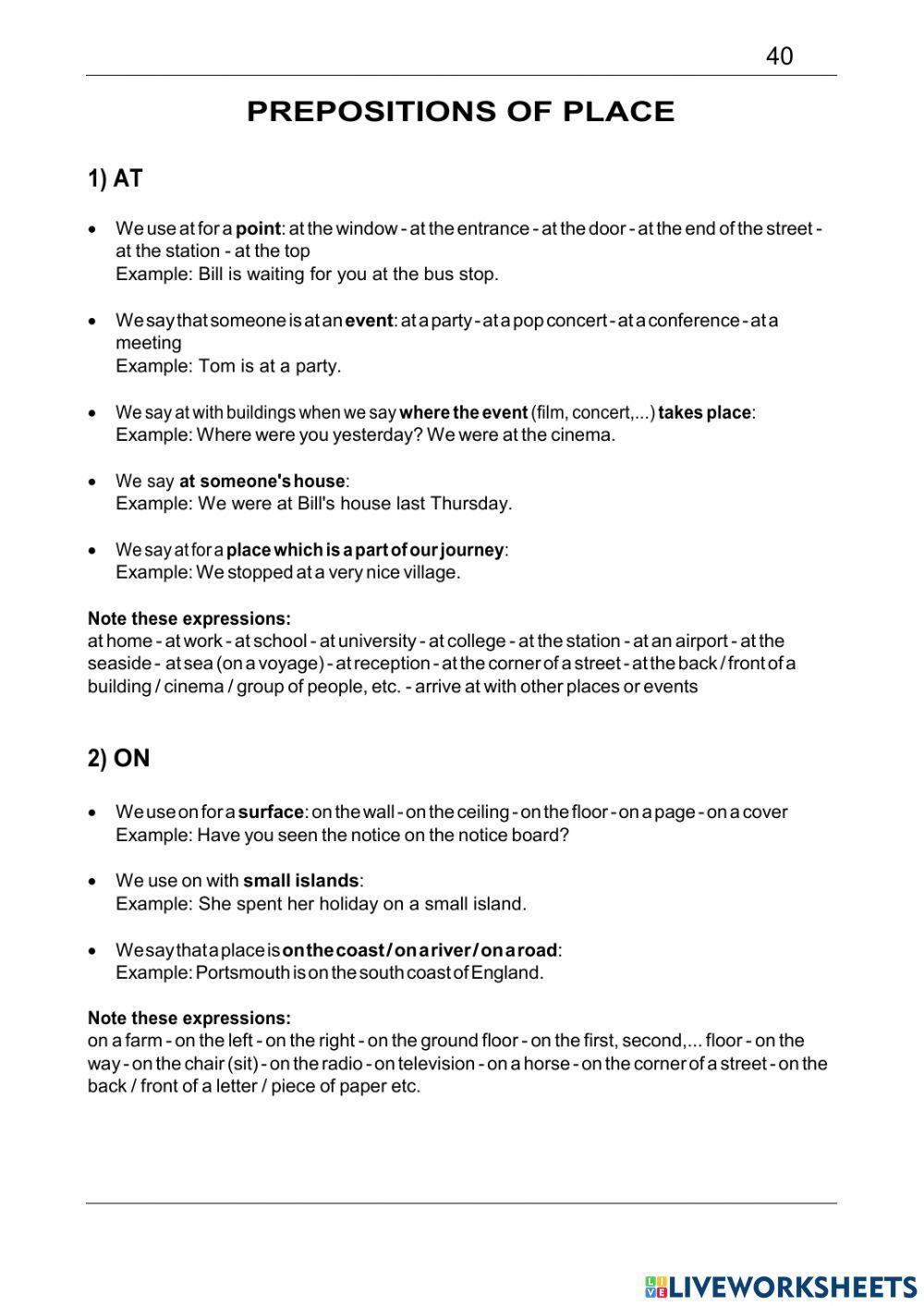 PREPOSITIONS OF PLACE 1 online worksheet Live Worksheets