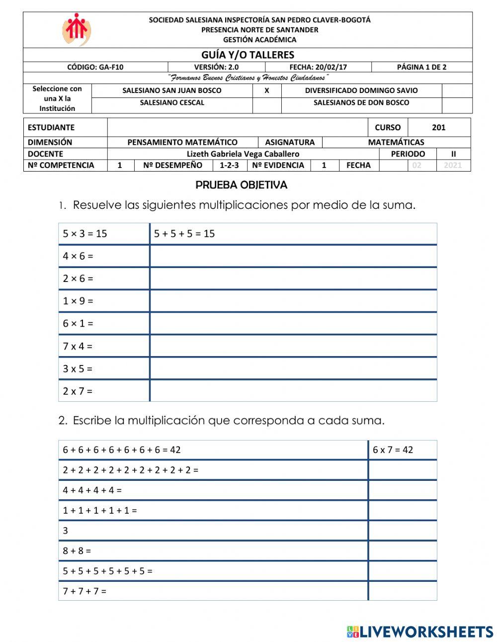 Prueba objetiva matemáticas