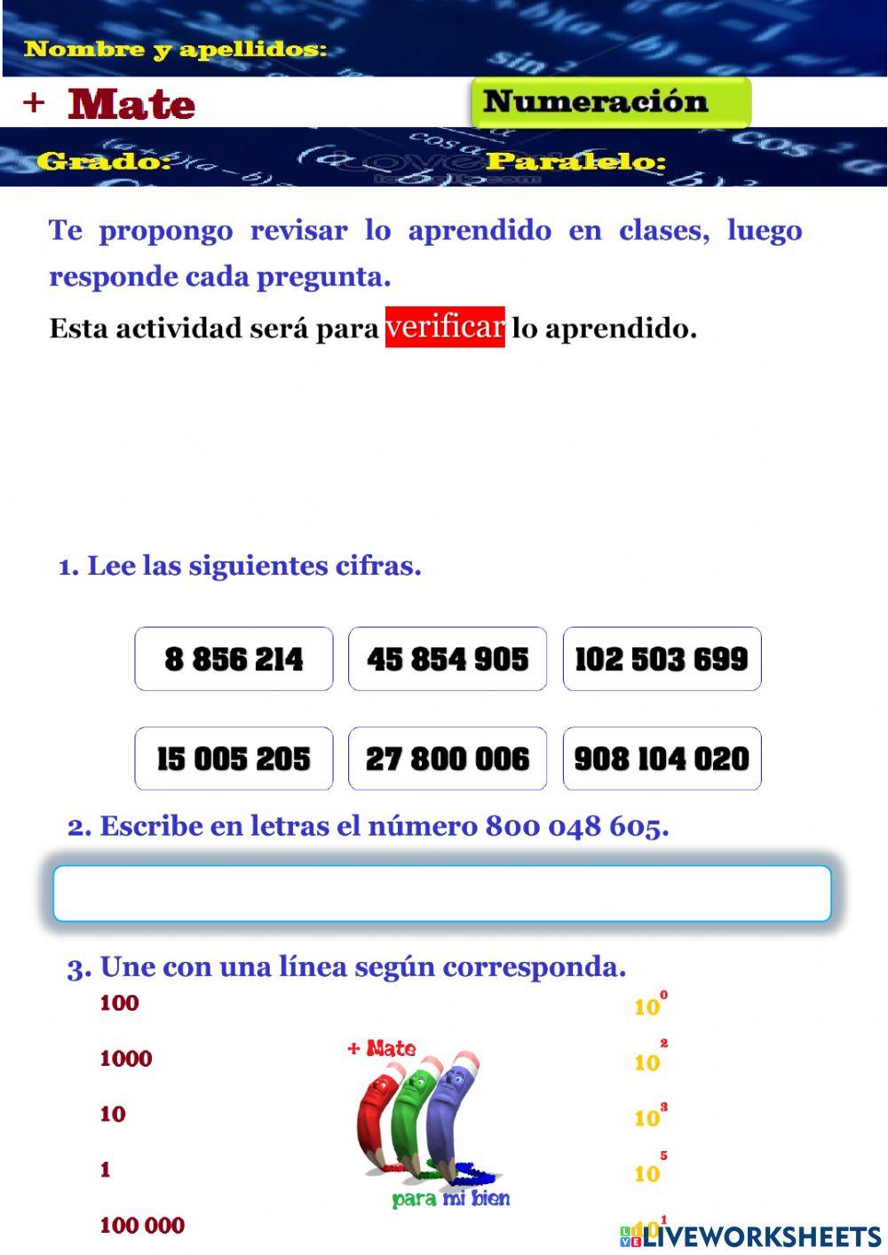 Numeración. Lectura y escritura de números de hasta 9 cifras.