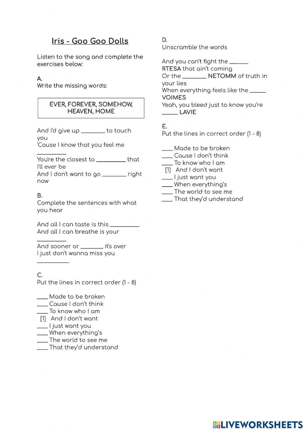 Iris - Goo Goo Dolls SONG ACTIVITY