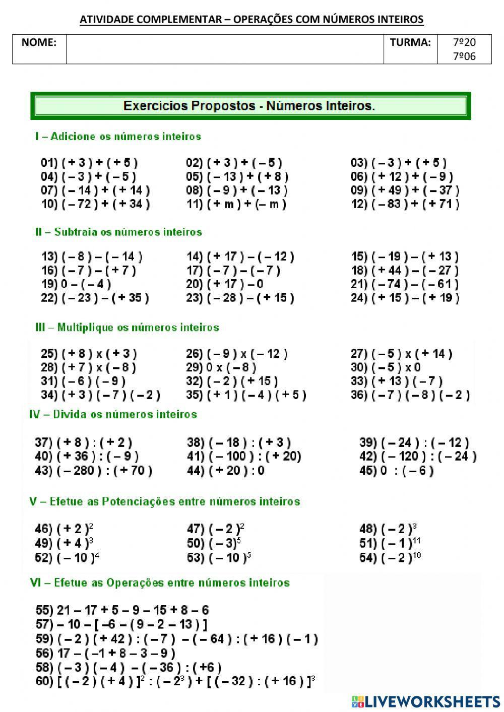 Operações com números inteiros