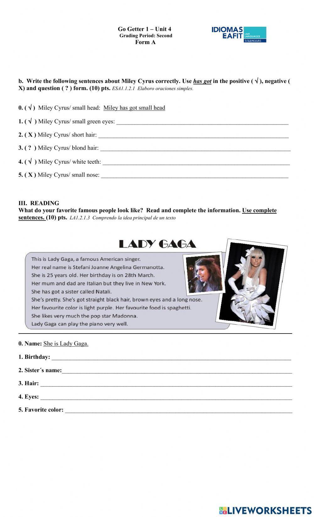 Go Getter 1 – Unit 4  Grading Period: Second