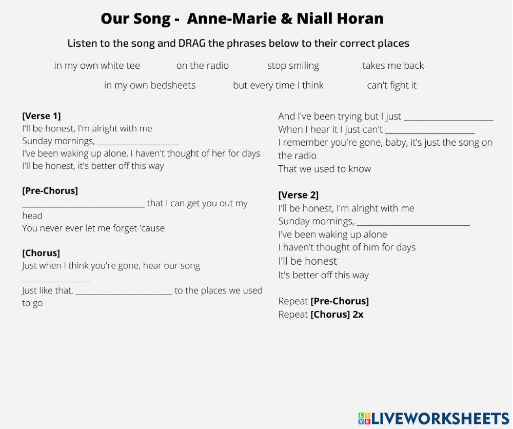 OUR SONG WORKSHEET