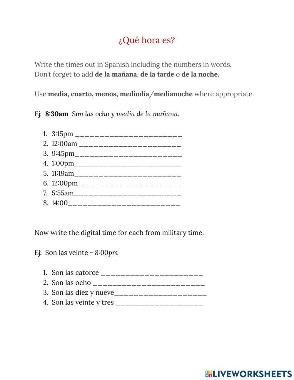 Que hora es? Free Interactive Worksheets 1042609