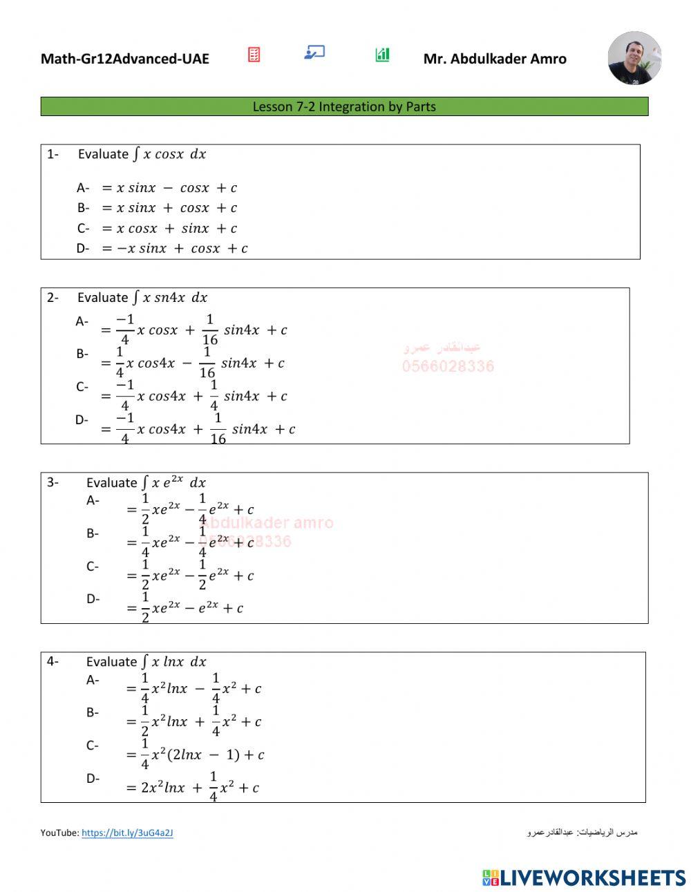 Lesson 7-2 Integration by Parts